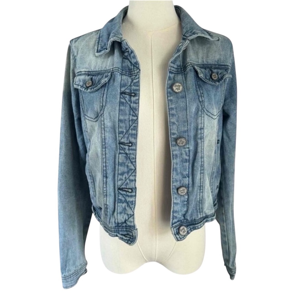 Indigo Rein Womens Blue Denim Jacket Button Front Long Sleeves Cropped Medium - Picture 2 of 16